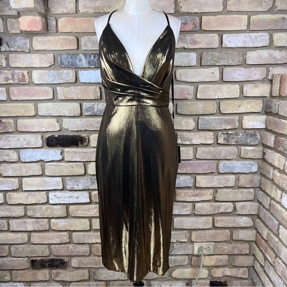 IEENA FOR MAC DUGGAL bronze shimmer metallic faux wrap cocktail dress - Picture 2 of 10